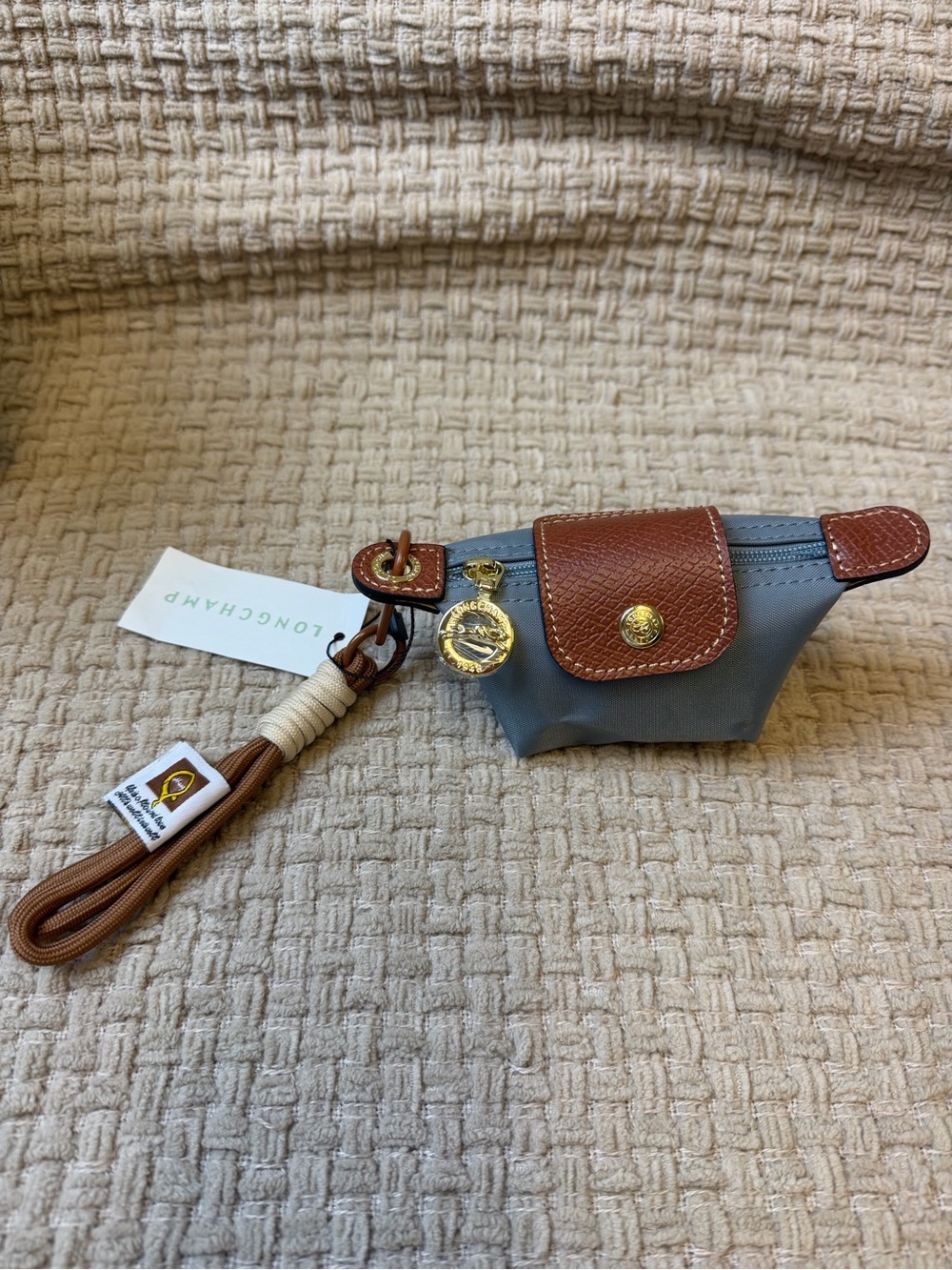 Longchamp Gray Mini Pouch with Brown Leather Trim and Wrist Strap